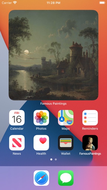Famous Paintings Widget showing a landscape painting on an iPhone home screen